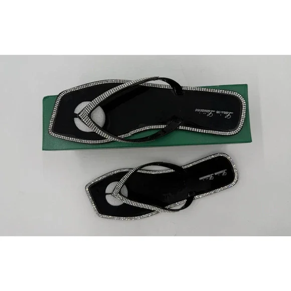 Lauren Lorraine Jellys Thong Sandal Square Toe Size 9.5 Rhinestones Tampa Black - Picture 1 of 9